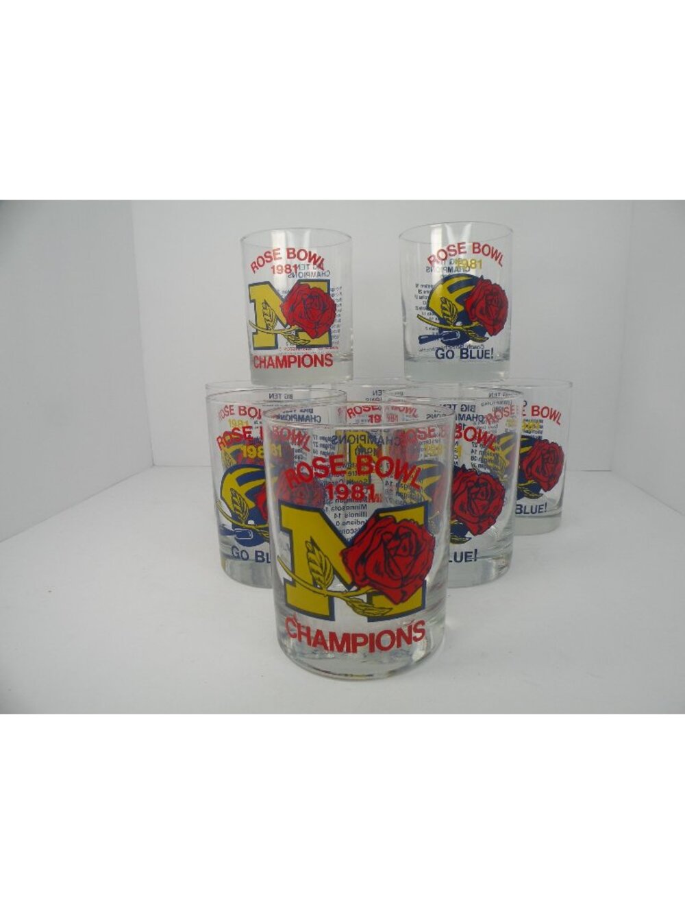 1981 Rose Bowl Michigan Wolverines Champions Glasses Set Of 8 Big Ten Collectibl